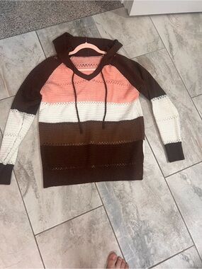 Striped Knit Hoodie Sweater - Brown, Cream & Coral